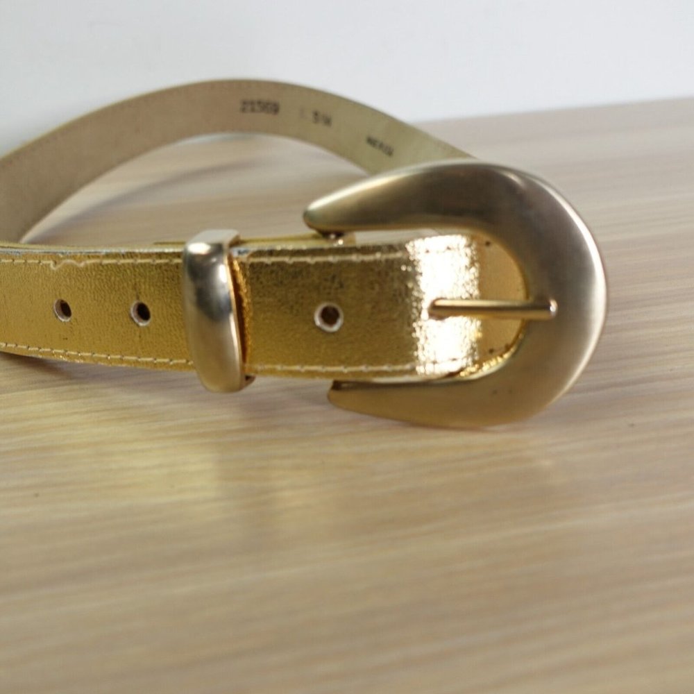 Vintage Y2K Womens Belt XS Gold Metallic Shine Faux Leather Chunky Buckle USA